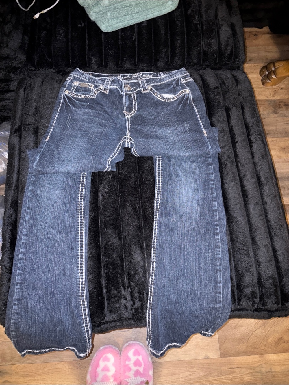 L.A. idol Dark Blue Boot Cut Jeans with White Contrast Stitching